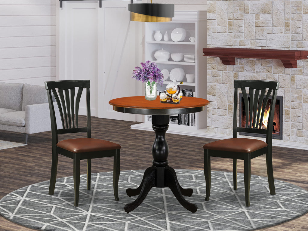 East West Furniture ESAV3-BCH-LC 3 Piece Dining Table Set for Small Spaces Contains a Round Dining Room Table with Pedestal and 2 Faux Leather Upholstered Chairs, 30x30 Inch, Black & Cherry