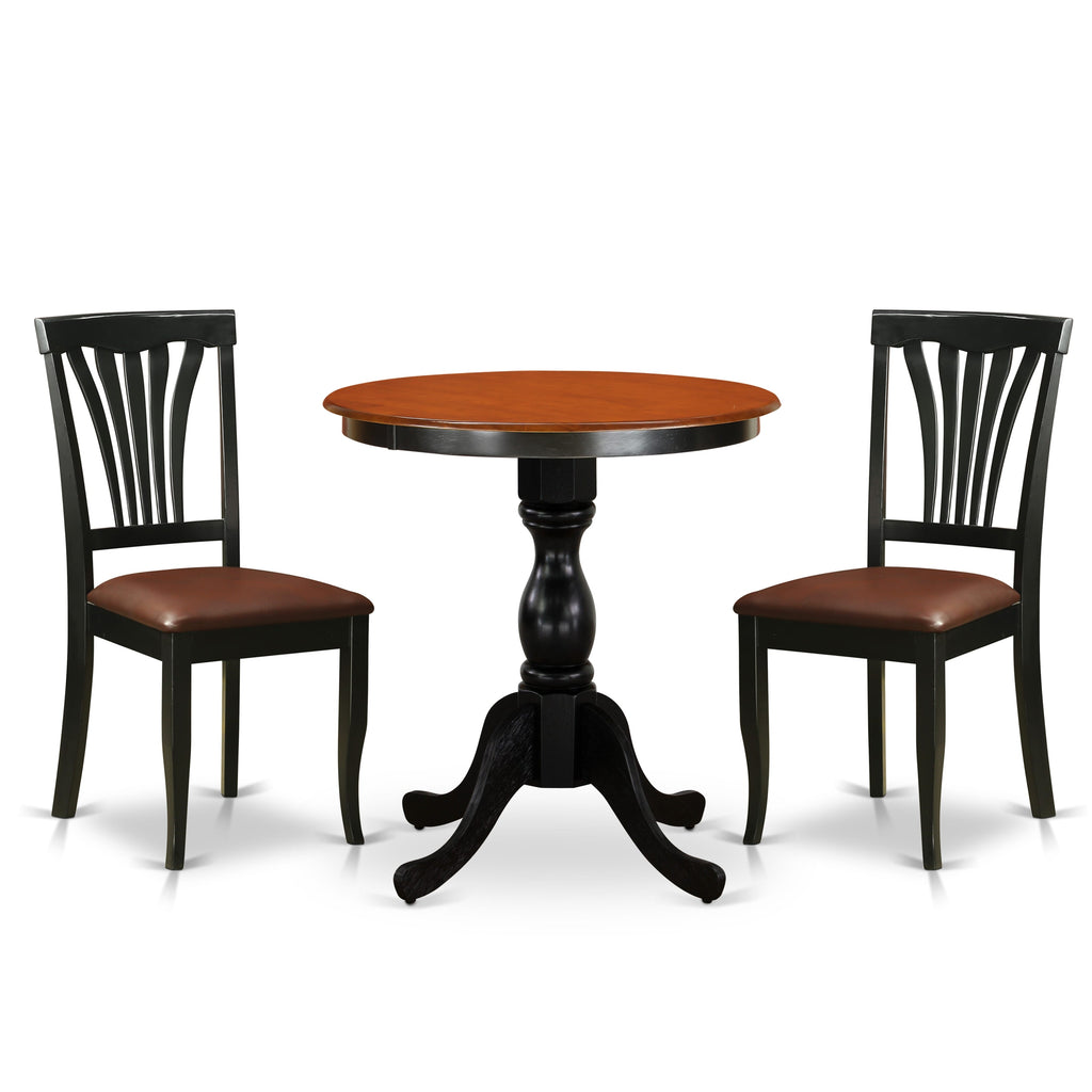 East West Furniture ESAV3-BCH-LC 3 Piece Dining Table Set for Small Spaces Contains a Round Dining Room Table with Pedestal and 2 Faux Leather Upholstered Chairs, 30x30 Inch, Black & Cherry