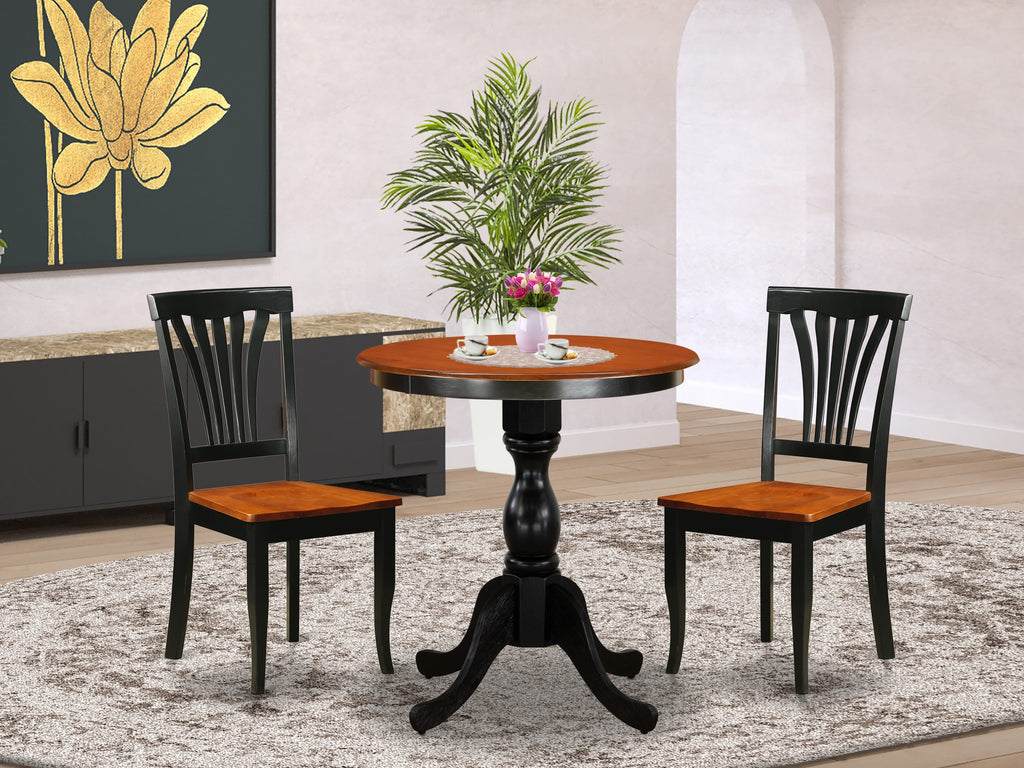 East West Furniture ESAV3-BCH-W 3 Piece Kitchen Table & Chairs Set Contains a Round Dining Room Table with Pedestal and 2 Dining Chairs, 30x30 Inch, Black & Cherry