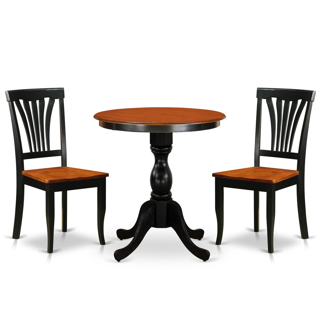 East West Furniture ESAV3-BCH-W 3 Piece Kitchen Table & Chairs Set Contains a Round Dining Room Table with Pedestal and 2 Dining Chairs, 30x30 Inch, Black & Cherry