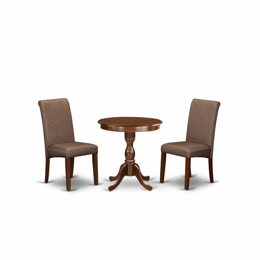 East West Furniture ESBA3-MAH-18 3 Piece Kitchen Table Set Contains a Round Dining Room Table with Pedestal and 2 Brown Linen Linen Fabric Parson Dining Chairs, 30x30 Inch, Mahogany