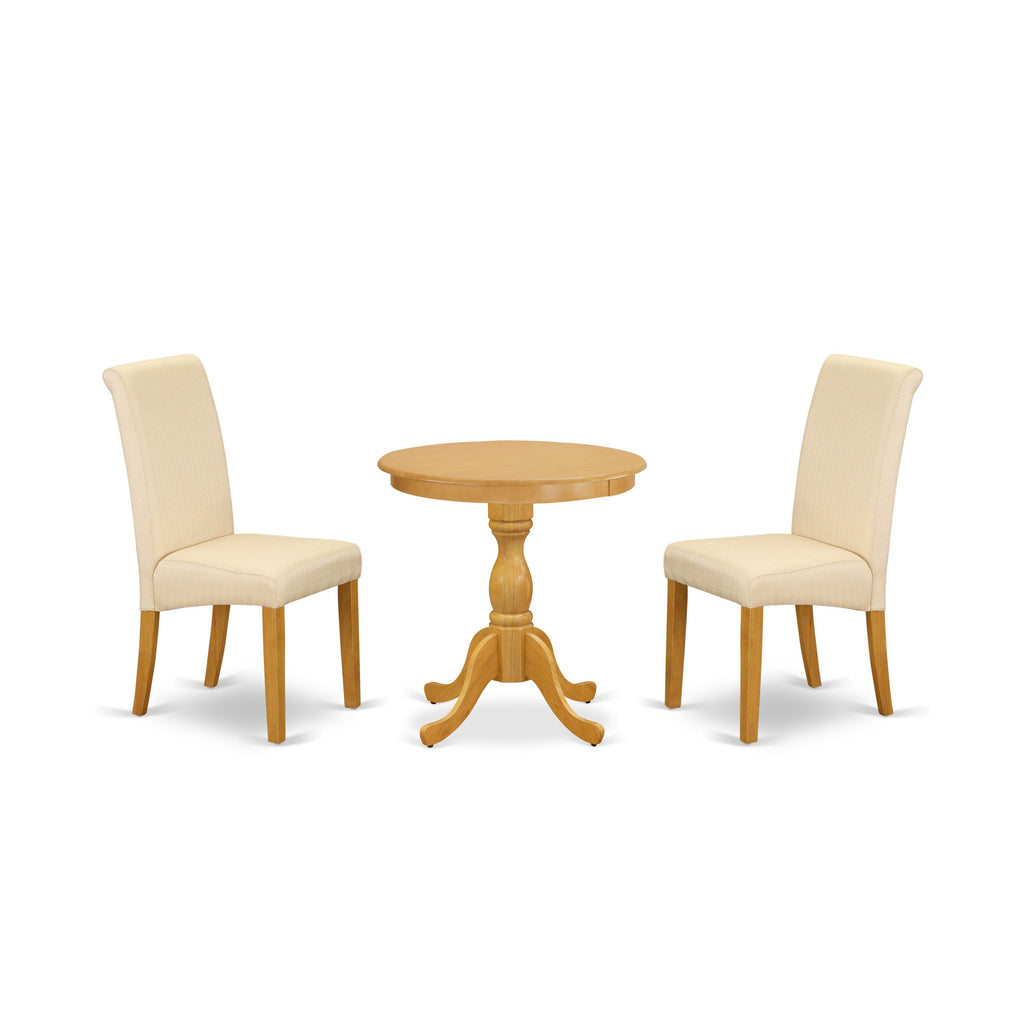 East West Furniture ESBA3-OAK-02 3 Piece Kitchen Table Set Contains a Round Dining Table and 2 Light Beige Linen Fabric Upholstered Chairs, 30x30 Inch, Oak