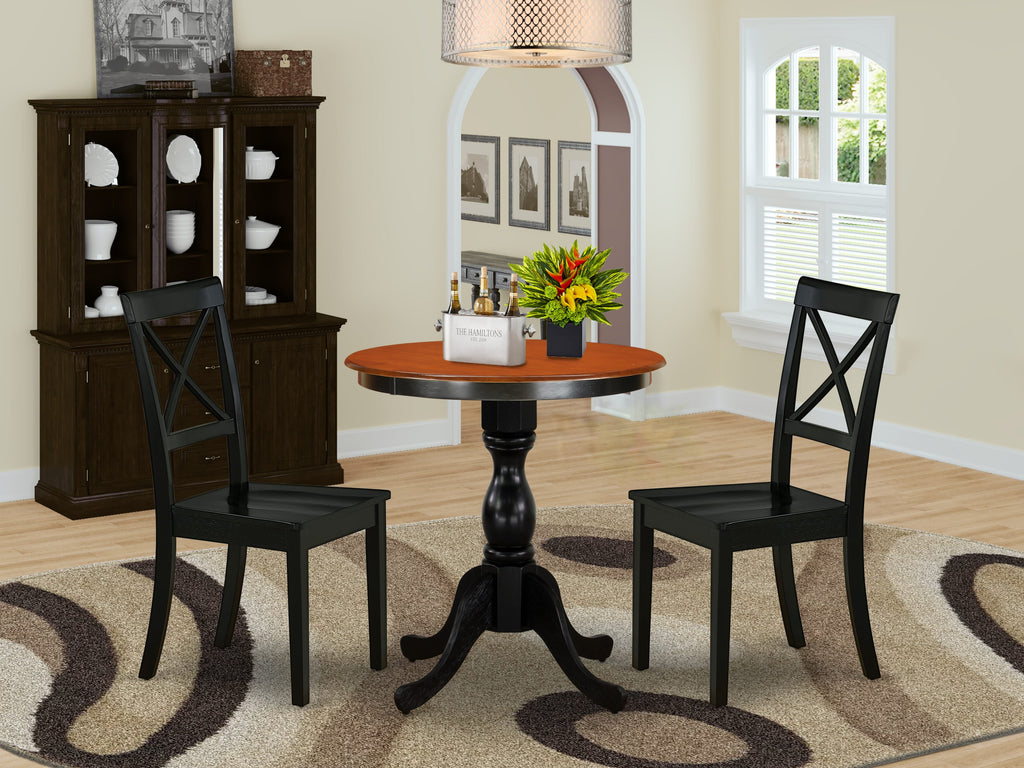 East West Furniture ESBO3-BCH-W 3 Piece Kitchen Table & Chairs Set Contains a Round Dining Room Table with Pedestal and 2 Dining Chairs, 30x30 Inch, Black & Cherry