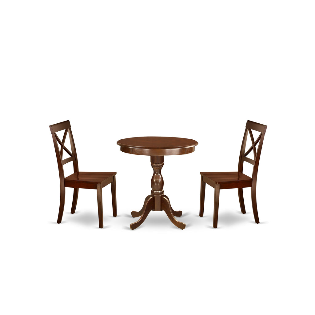 East West Furniture ESBO3-MAH-W 3 Piece Dining Room Table Set Contains a Round Kitchen Table with Pedestal and 2 Dining Chairs, 30x30 Inch, Mahogany