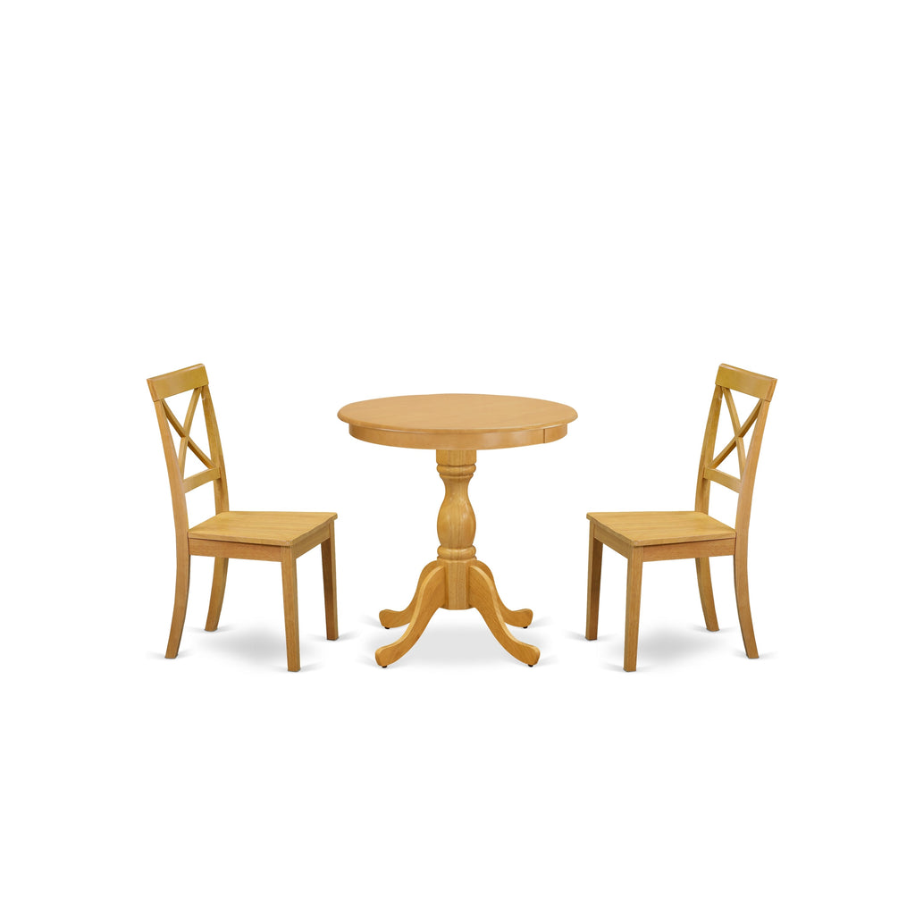 East West Furniture ESBO3-OAK-W 3 Piece Dining Set Contains a Round Dining Room Table with Pedestal and 2 Wood Seat Chairs, 30x30 Inch, Oak