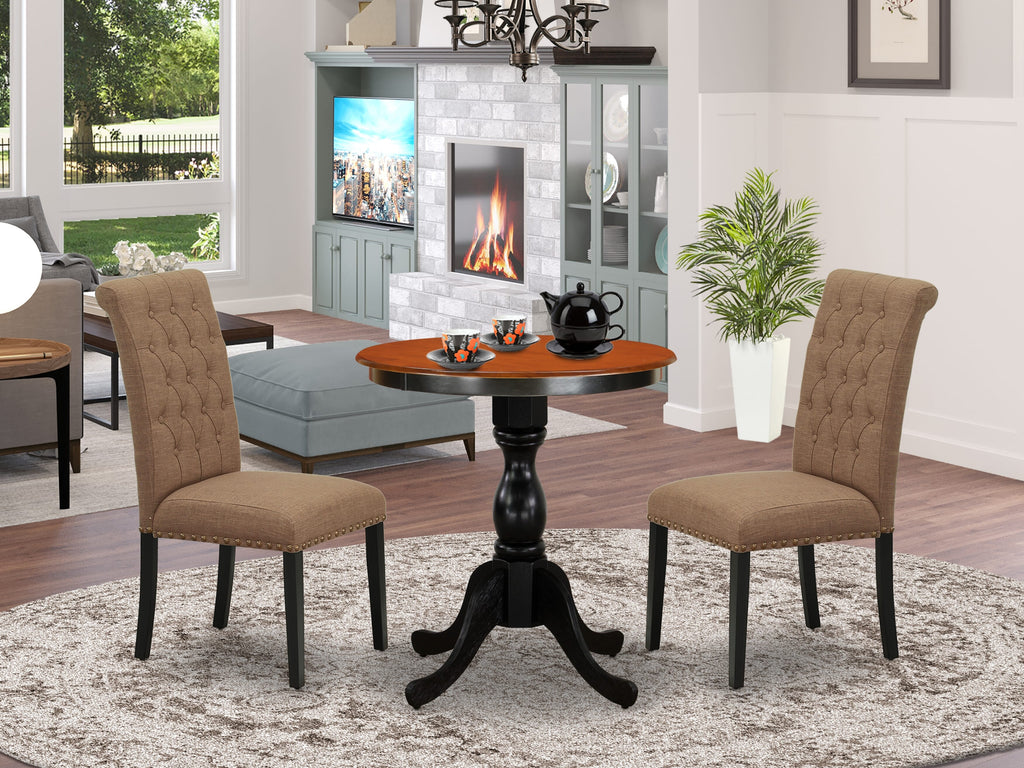 East West Furniture ESBR3-BCH-17 3 Piece Dining Table Set Contains a Round Dining Room Table with Pedestal and 2 Light Sable Linen Fabric Upholstered Chairs, 30x30 Inch, Black & Cherry