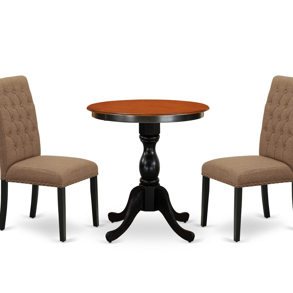 East West Furniture ESBR3-BCH-17 3 Piece Dining Table Set Contains a Round Dining Room Table with Pedestal and 2 Light Sable Linen Fabric Upholstered Chairs, 30x30 Inch, Black & Cherry