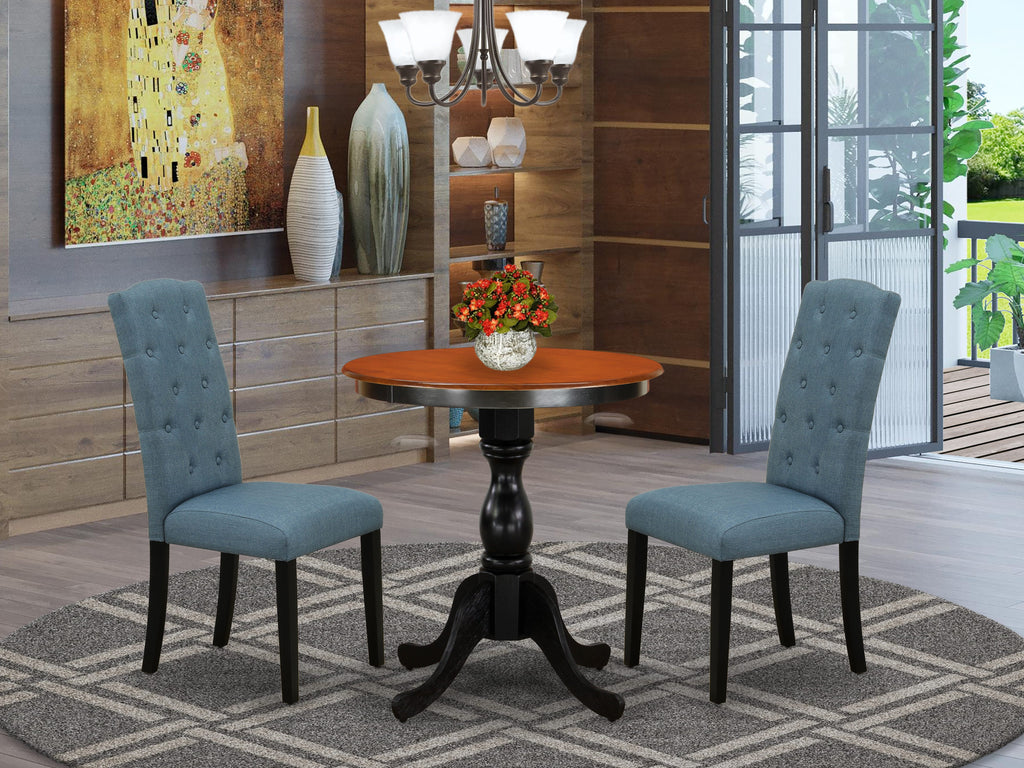 East West Furniture ESCE3-BCH-21 3 Piece Dining Room Table Set Contains a Round Kitchen Table with Pedestal and 2 Mineral Blue Linen Fabric Parson Dining Chairs, 30x30 Inch, Black & Cherry