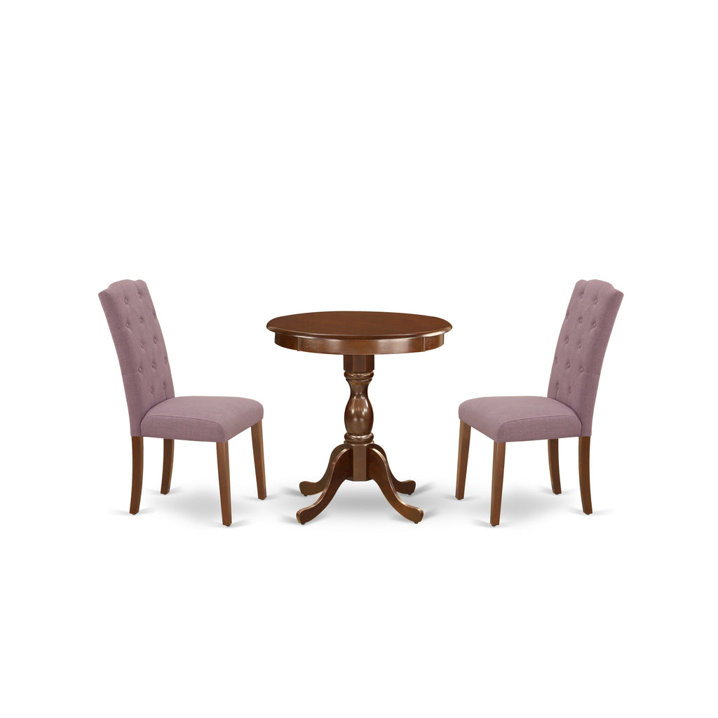 East West Furniture ESCE3-MAH-10 3 Piece Kitchen Table Set Contains a Round Dining Room Table with Pedestal and 2 Dahlia Linen Fabric Parsons Dining Chairs, 30x30 Inch, Mahogany