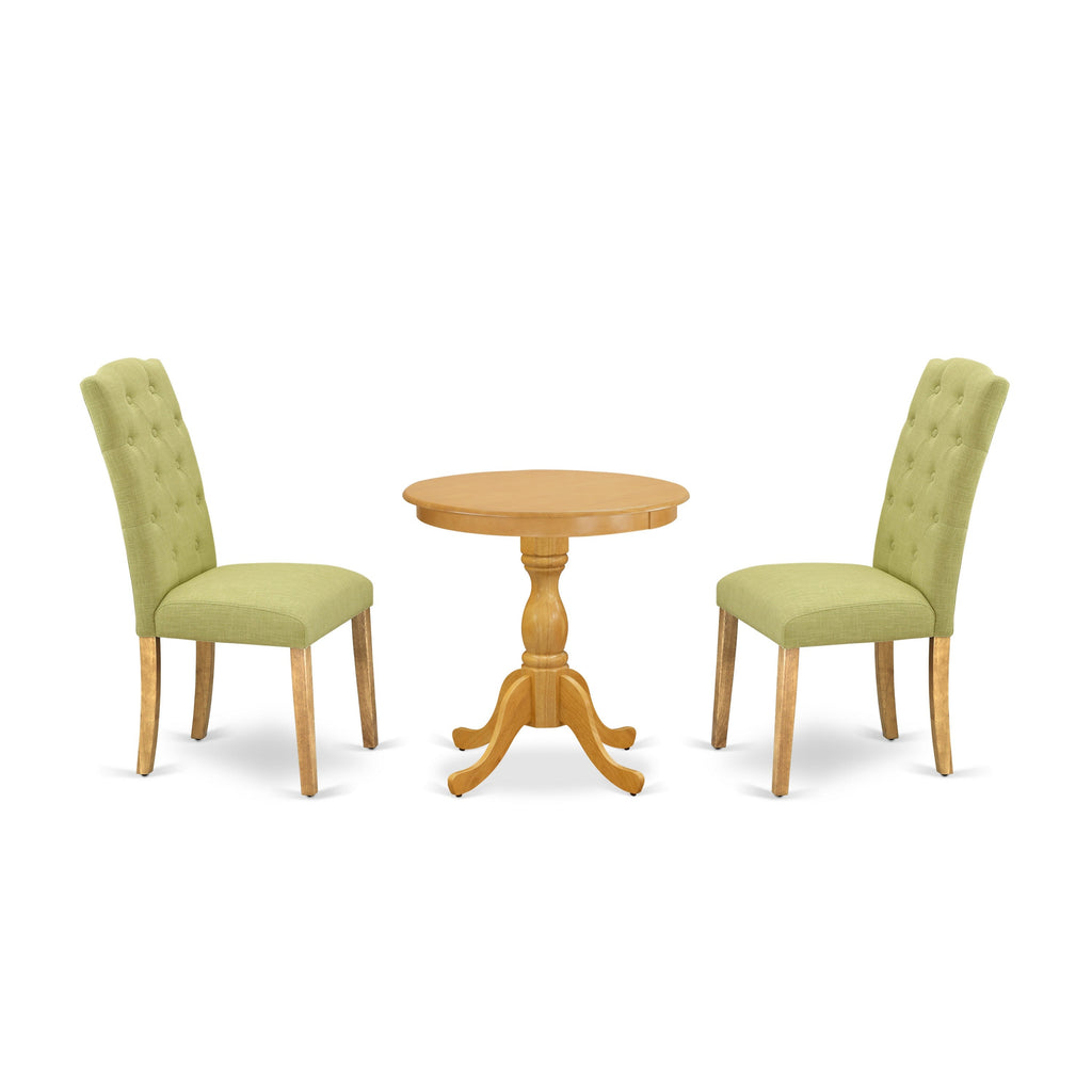 East West Furniture ESCE3-OAK-07 3 Piece Dinette Set for Small Spaces Contains a Round Dining Table with Pedestal and 2 Limelight Linen Fabric Upholstered Chairs, 30x30 Inch, Oak