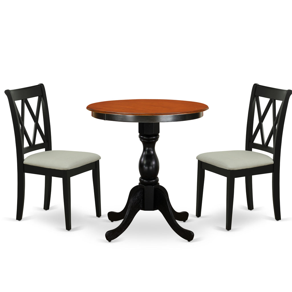 East West Furniture ESCL3-BCH-C 3 Piece Dining Room Table Set Contains a Round Kitchen Table with Pedestal and 2 Linen Fabric Upholstered Dining Chairs, 30x30 Inch, Black & Cherry
