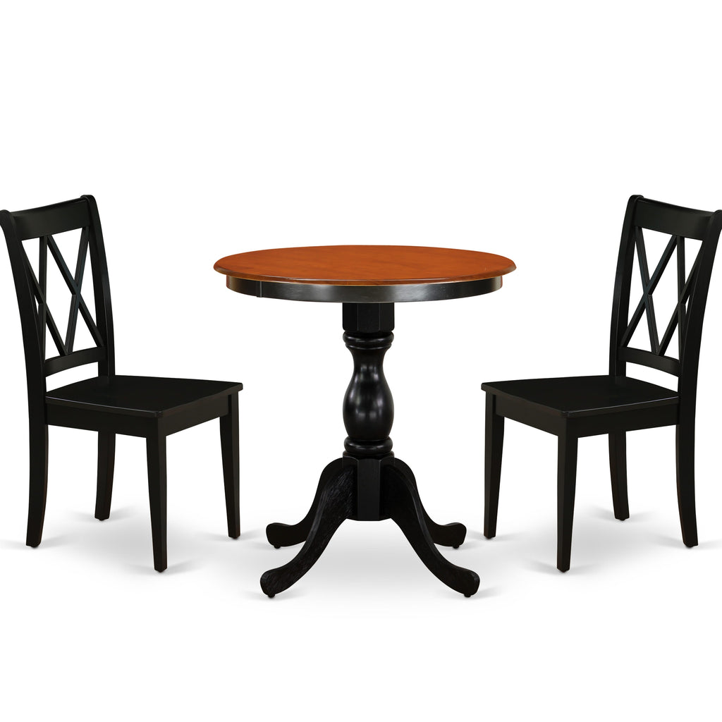 East West Furniture ESCL3-BCH-W 3 Piece Kitchen Table & Chairs Set Contains a Round Dining Table with Pedestal and 2 Dining Room Chairs, 30x30 Inch, Black & Cherry