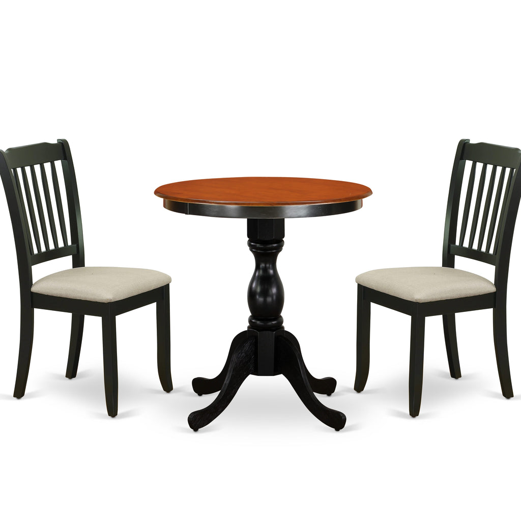 East West Furniture ESDA3-BCH-C 3 Piece Dinette Set for Small Spaces Contains a Round Dining Table with Pedestal and 2 Linen Fabric Upholstered Dining Chairs, 30x30 Inch, Black & Cherry