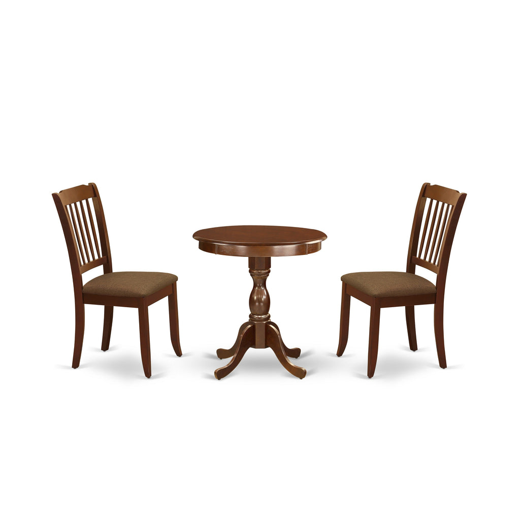 East West Furniture ESDA3-MAH-C 3 Piece Kitchen Table Set for Small Spaces Contains a Round Dining Table with Pedestal and 2 Linen Fabric Dining Room Chairs, 30x30 Inch, Mahogany