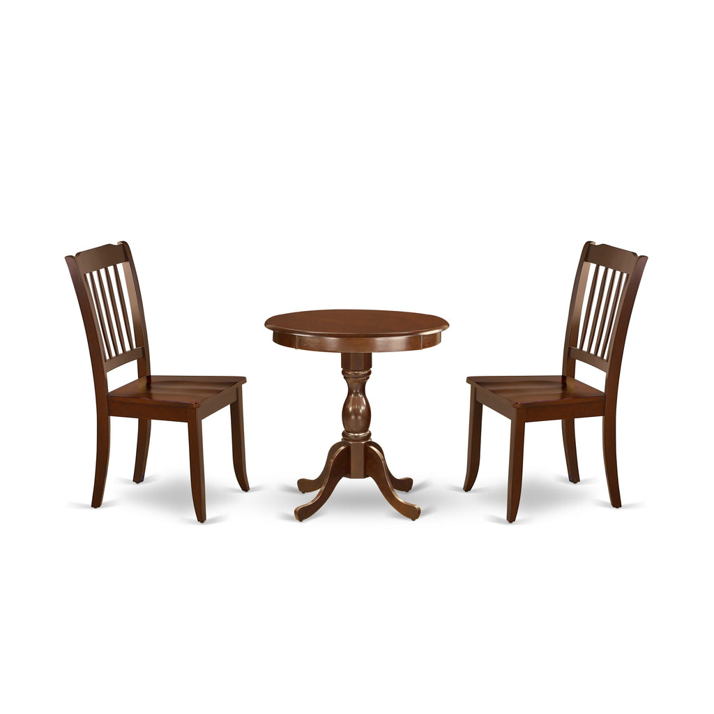 East West Furniture ESDA3-MAH-W 3 Piece Modern Dining Table Set Contains a Round Wooden Table with Pedestal and 2 Dining Room Chairs, 30x30 Inch, Mahogany
