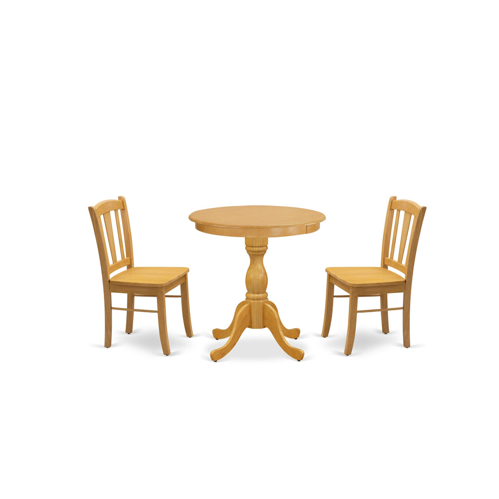 East West Furniture ESDL3-OAK-W 3 Piece Kitchen Table Set for Small Spaces Contains a Round Dining Room Table with Pedestal and 2 Solid Wood Seat Chairs, 30x30 Inch, Oak