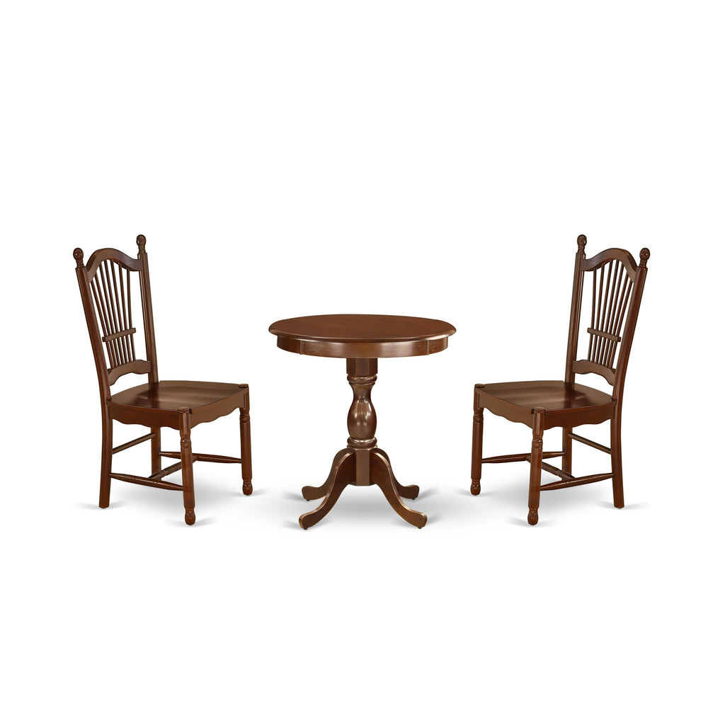 East West Furniture ESDO3-MAH-W 3 Piece Dining Table Set for Small Spaces Contains a Round Dining Room Table with Pedestal and 2 Wood Seat Chairs, 30x30 Inch, Mahogany