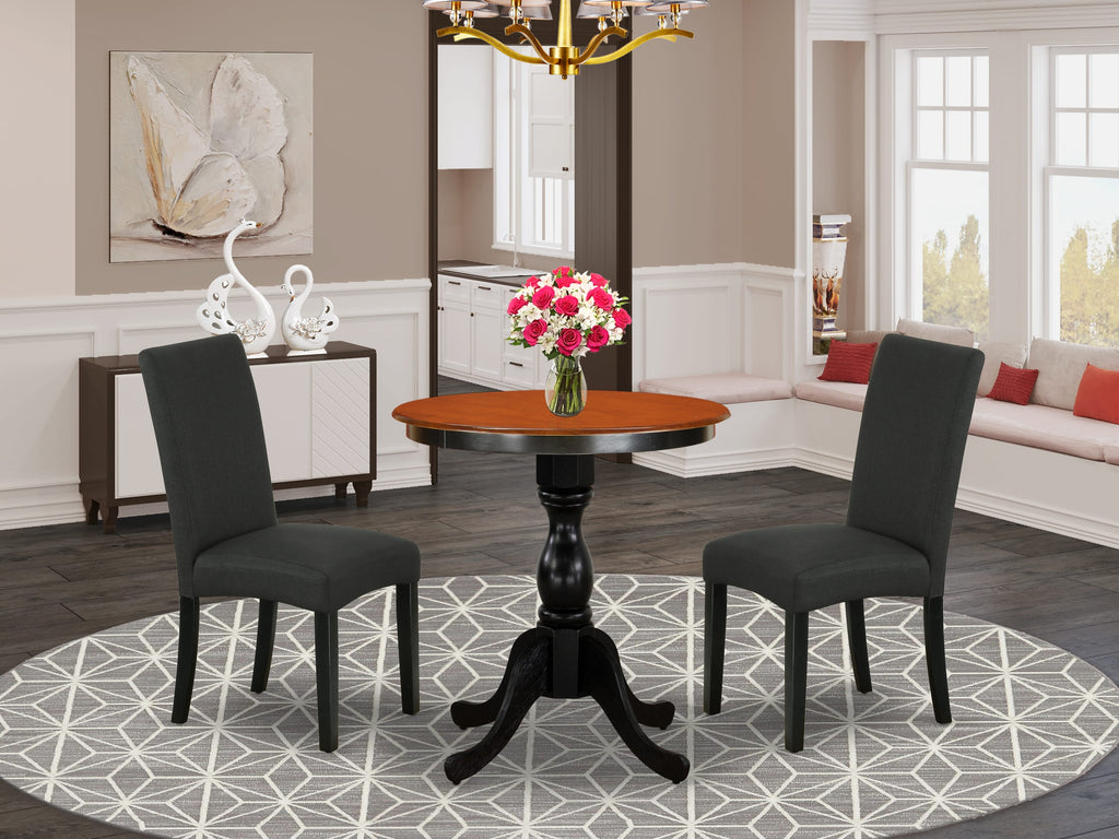 East West Furniture ESDR3-BCH-24 3 Piece Dinette Set for Small Spaces Contains a Round Dining Table with Pedestal and 2 Black Color Linen Fabric Parsons Chairs, 30x30 Inch, Black & Cherry