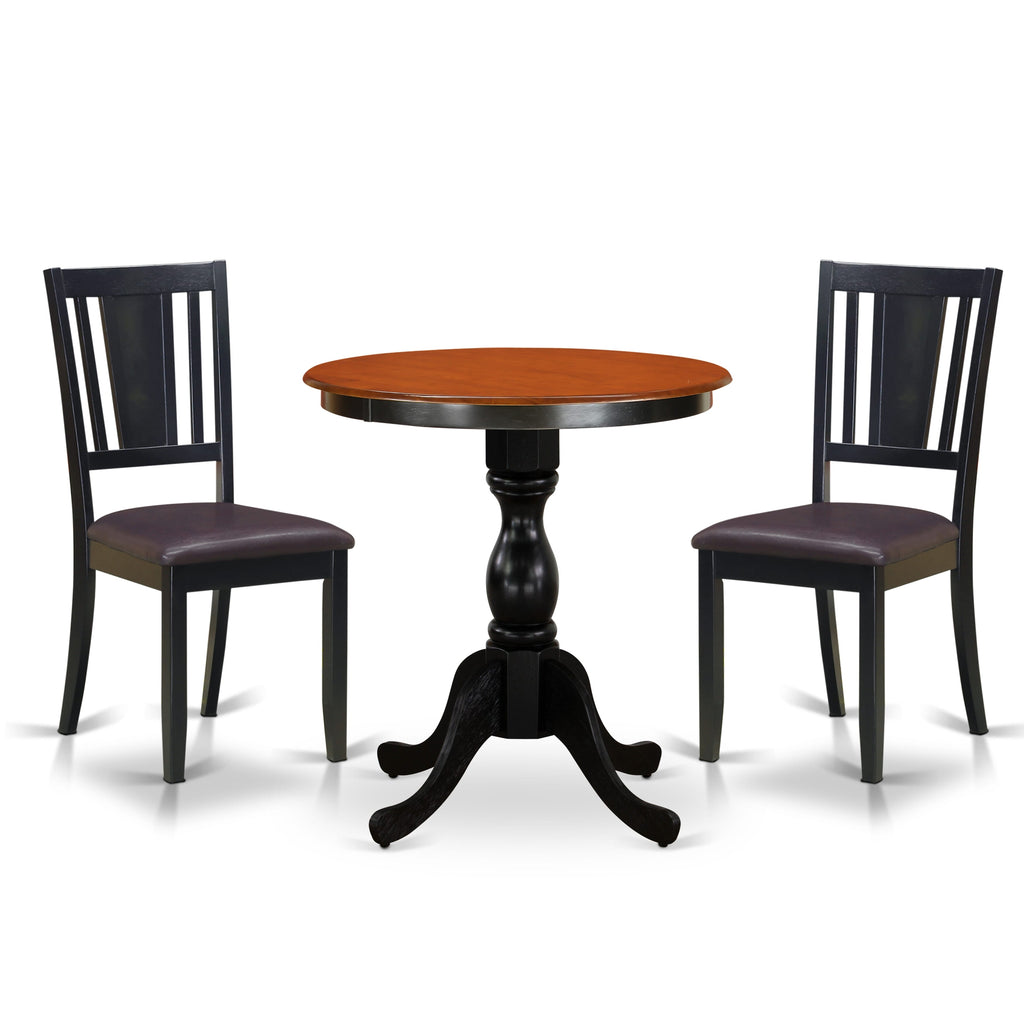 East West Furniture ESDU3-BCH-LC 3 Piece Dining Set Contains a Round Dining Room Table with Pedestal and 2 Faux Leather Upholstered Chairs, 30x30 Inch, Black & Cherry