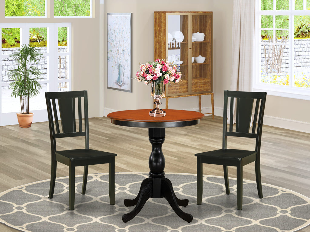 East West Furniture ESDU3-BCH-W 3 Piece Dining Room Furniture Set Contains a Round Kitchen Table with Pedestal and 2 Dining Chairs, 30x30 Inch, Black & Cherry