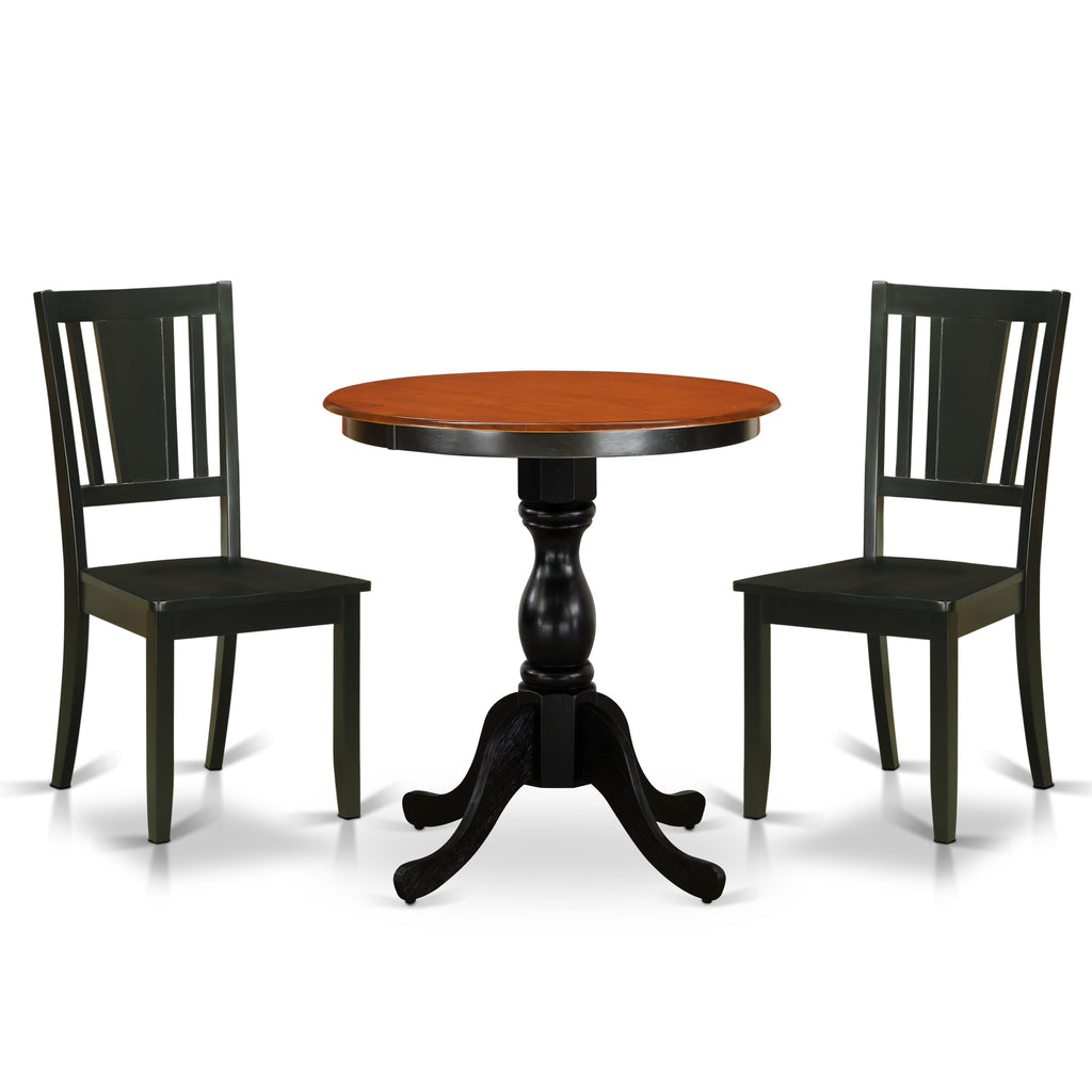 East West Furniture ESDU3-BCH-W 3 Piece Dining Room Furniture Set Contains a Round Kitchen Table with Pedestal and 2 Dining Chairs, 30x30 Inch, Black & Cherry