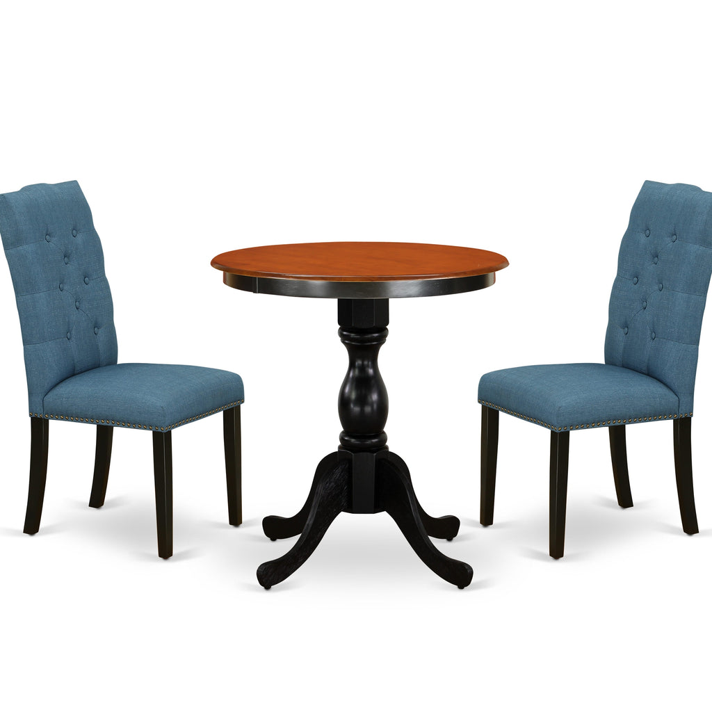 East West Furniture ESEL3-BCH-21 3 Piece Dining Room Furniture Set Contains a Round Dining Table with Pedestal and 2 Blue Linen Fabric Upholstered Chairs, 30x30 Inch, Black & Cherry