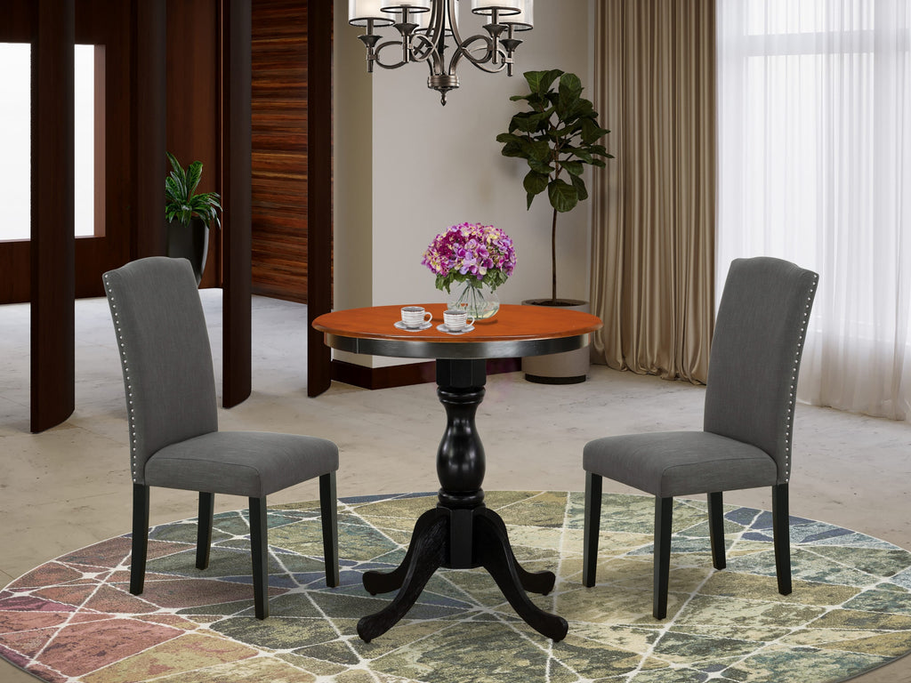 East West Furniture ESEN3-BCH-20 3 Piece Kitchen Table & Chairs Set Contains a Round Dining Room Table with Pedestal and 2 Dark Gotham Linen Fabric Parsons Chairs, 30x30 Inch, Black & Cherry