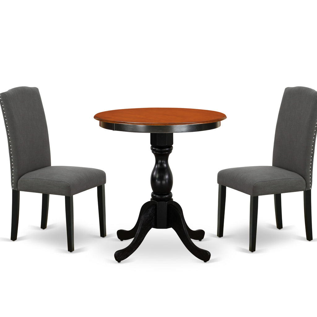 East West Furniture ESEN3-BCH-20 3 Piece Kitchen Table & Chairs Set Contains a Round Dining Room Table with Pedestal and 2 Dark Gotham Linen Fabric Parsons Chairs, 30x30 Inch, Black & Cherry