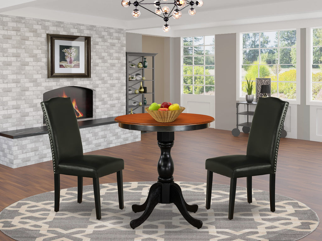 East West Furniture ESEN3-BCH-69 3 Piece Kitchen Table & Chairs Set Contains a Round Dining Room Table with Pedestal and 2 Black Faux Leather Parson Dining Chairs, 30x30 Inch, Black & Cherry