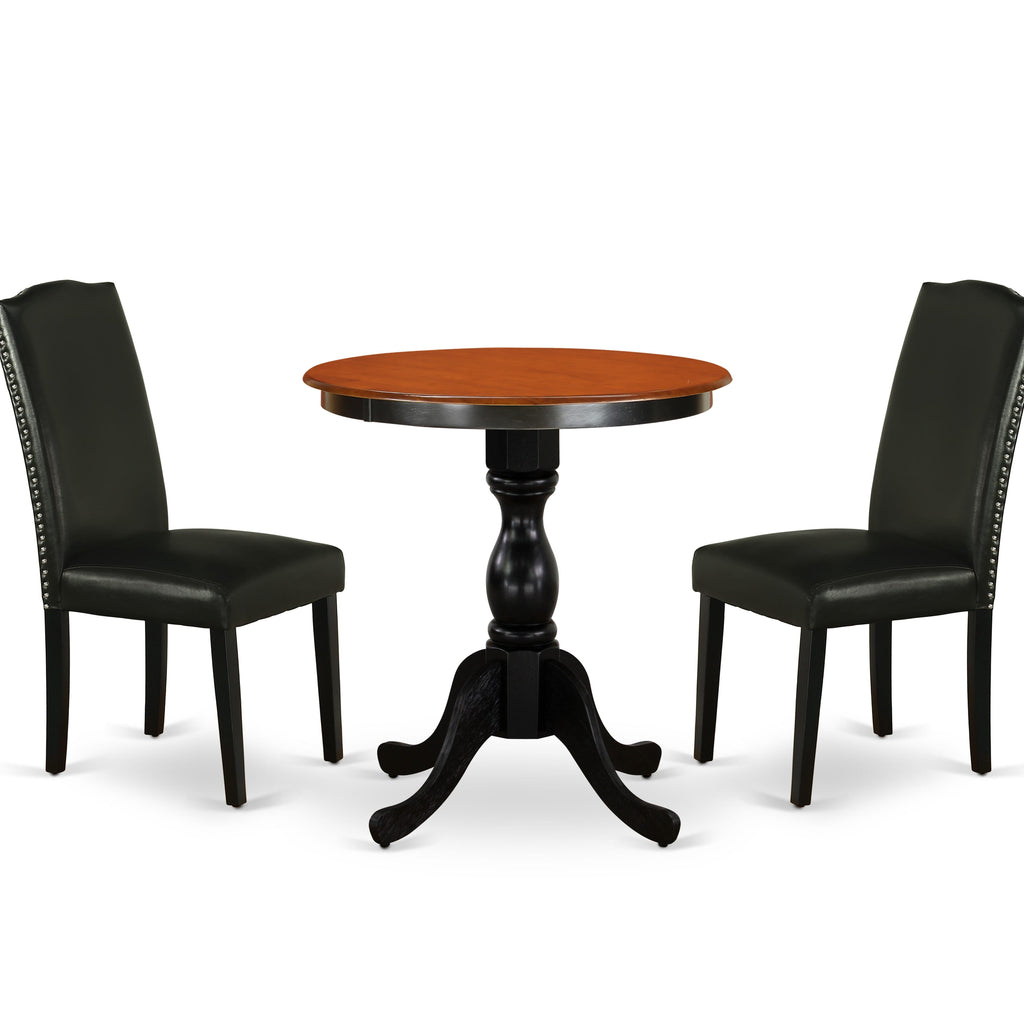 East West Furniture ESEN3-BCH-69 3 Piece Kitchen Table & Chairs Set Contains a Round Dining Room Table with Pedestal and 2 Black Faux Leather Parson Dining Chairs, 30x30 Inch, Black & Cherry