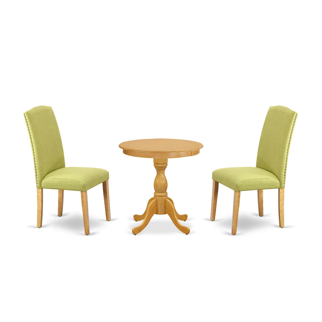 East West Furniture ESEN3-OAK-07 3 Piece Dinette Set for Small Spaces Contains a Round Dining Table with Pedestal and 2 Limelight Linen Fabric Upholstered Chairs, 30x30 Inch, Oak