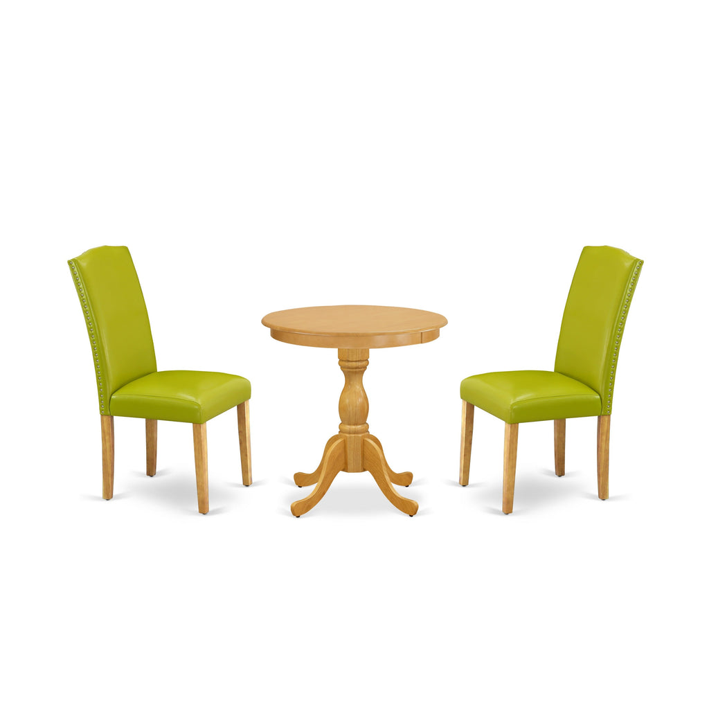 East West Furniture ESEN3-OAK-51 3 Piece Modern Dining Table Set Contains a Round Wooden Table with Pedestal and 2 Autumn Green Faux Leather Upholstered Chairs, 30x30 Inch, Oak