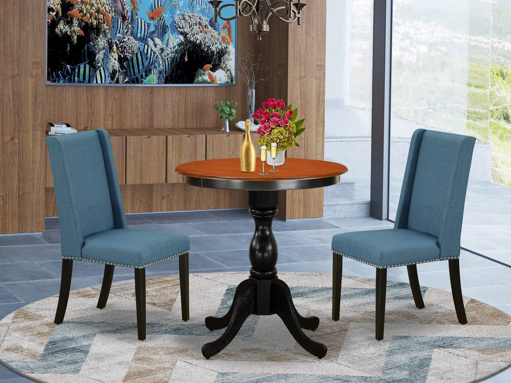 East West Furniture ESFL3-BCH-21 3 Piece Dining Room Table Set Contains a Round Dining Table with Pedestal and 2 Blue Linen Fabric Upholstered Parson Chairs, 30x30 Inch, Black & Cherry