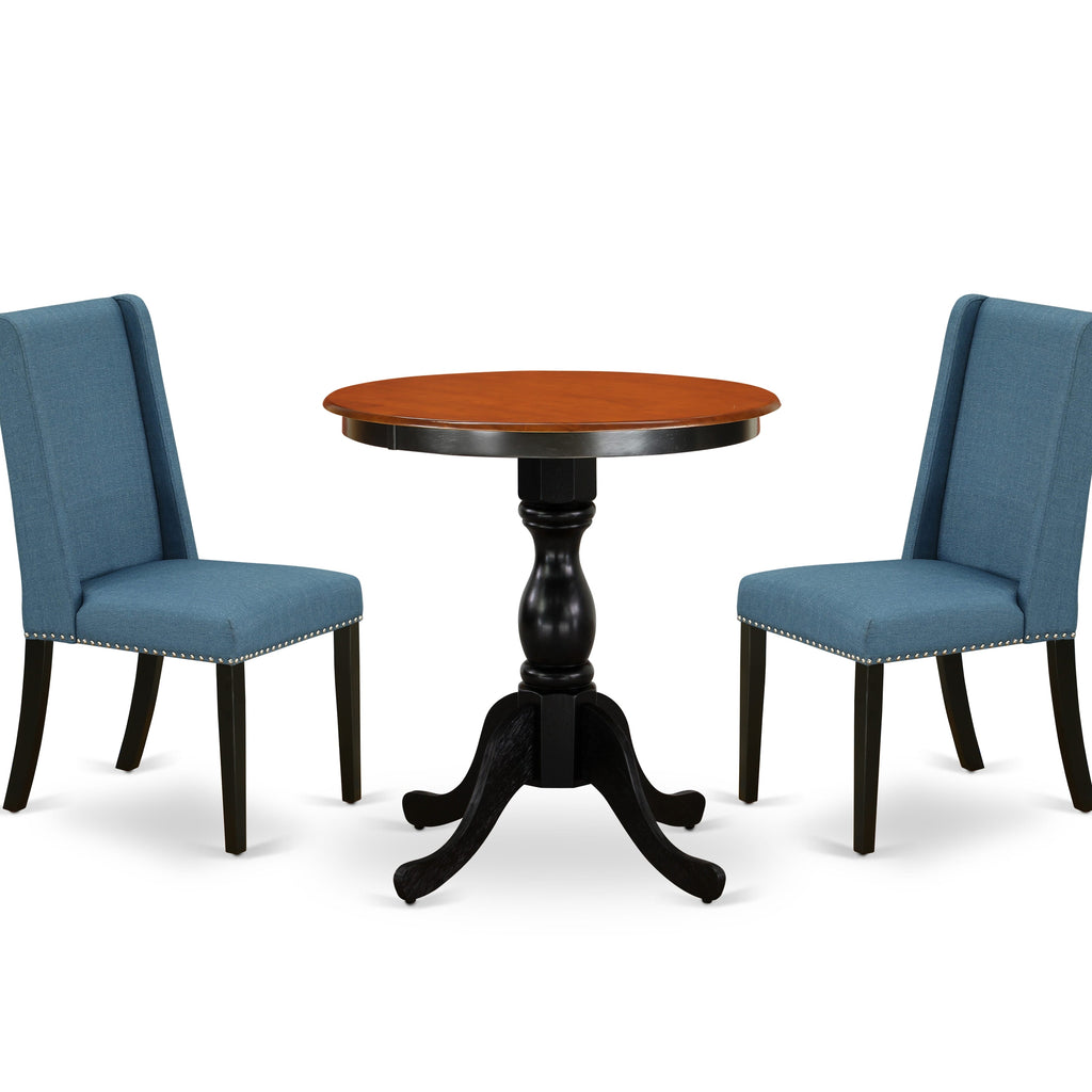 East West Furniture ESFL3-BCH-21 3 Piece Dining Room Table Set Contains a Round Dining Table with Pedestal and 2 Blue Linen Fabric Upholstered Parson Chairs, 30x30 Inch, Black & Cherry