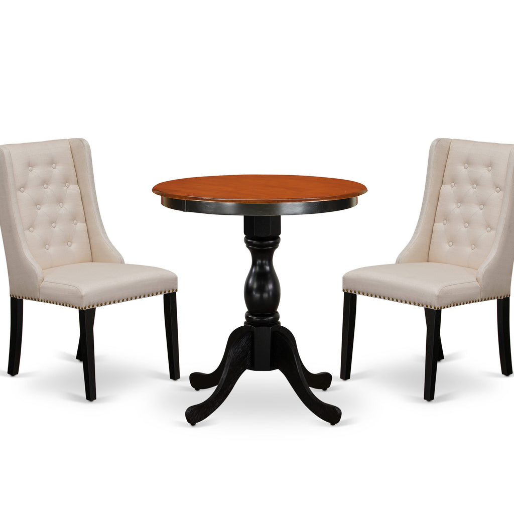 East West Furniture ESFO3-BCH-01 3 Piece Modern Dining Table Set Contains a Round Wooden Table with Pedestal and 2 Cream Linen Fabric Upholstered Parson Chairs, 30x30 Inch, Black & Cherry