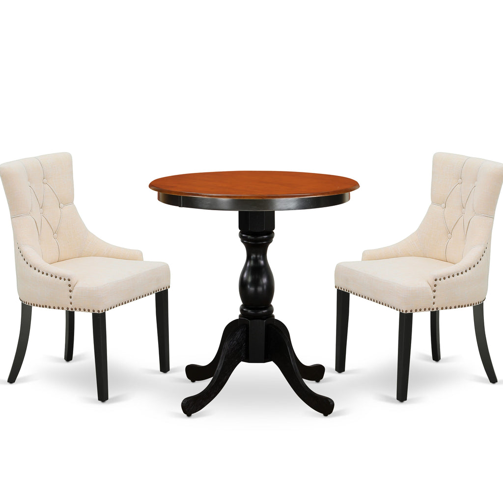 East West Furniture ESFR3-BCH-02 3 Piece Modern Dining Table Set Contains a Round Wooden Table with Pedestal and 2 Light Beige Linen Fabric Parson Dining Chairs, 30x30 Inch, Black & Cherry
