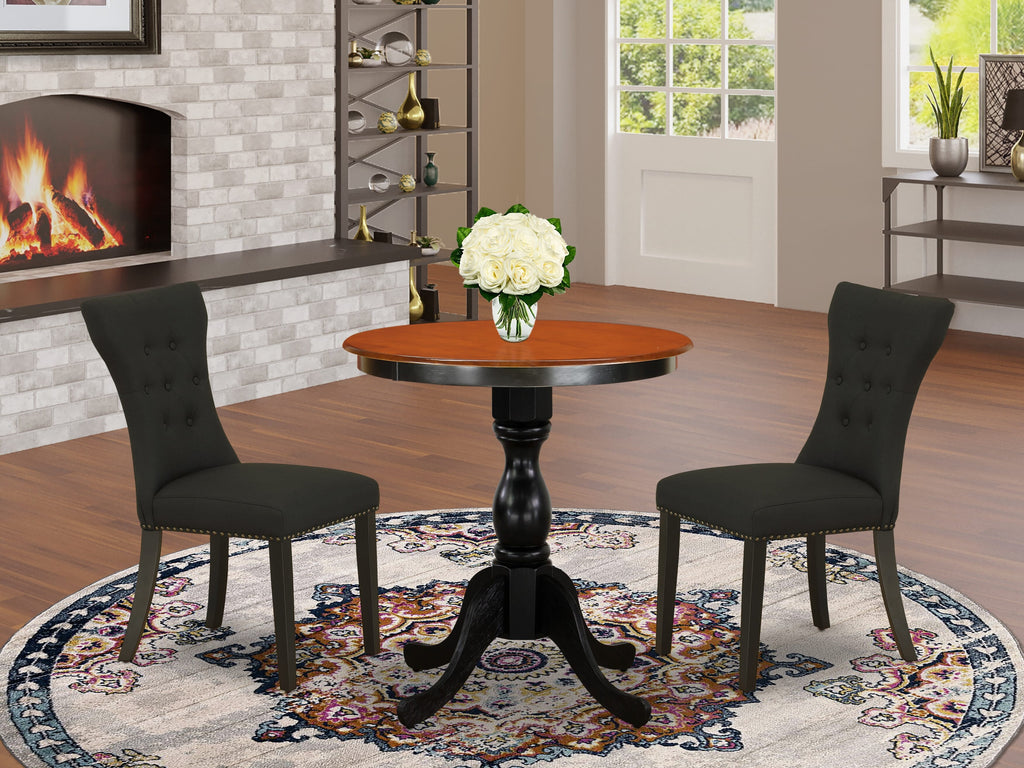 East West Furniture ESGA3-BCH-24 3 Piece Kitchen Table Set for Small Spaces Contains a Round Dining Room Table with Pedestal and 2 Black Linen Fabric Padded Chairs, 30x30 Inch, Black & Cherry