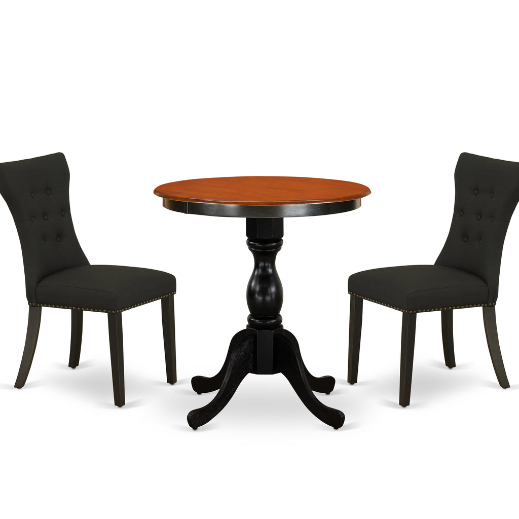 East West Furniture ESGA3-BCH-24 3 Piece Kitchen Table Set for Small Spaces Contains a Round Dining Room Table with Pedestal and 2 Black Linen Fabric Padded Chairs, 30x30 Inch, Black & Cherry
