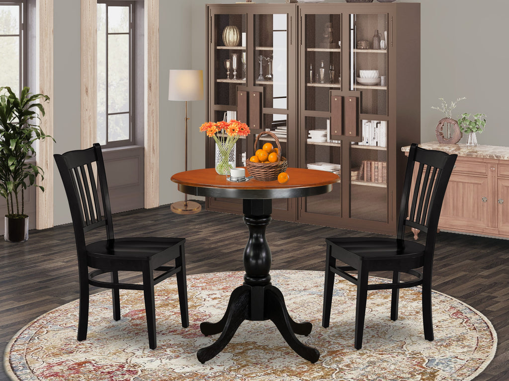 East West Furniture ESGR3-BCH-W 3 Piece Dining Room Furniture Set Contains a Round Dining Table with Pedestal and 2 Wood Seat Chairs, 30x30 Inch, Black & Cherry