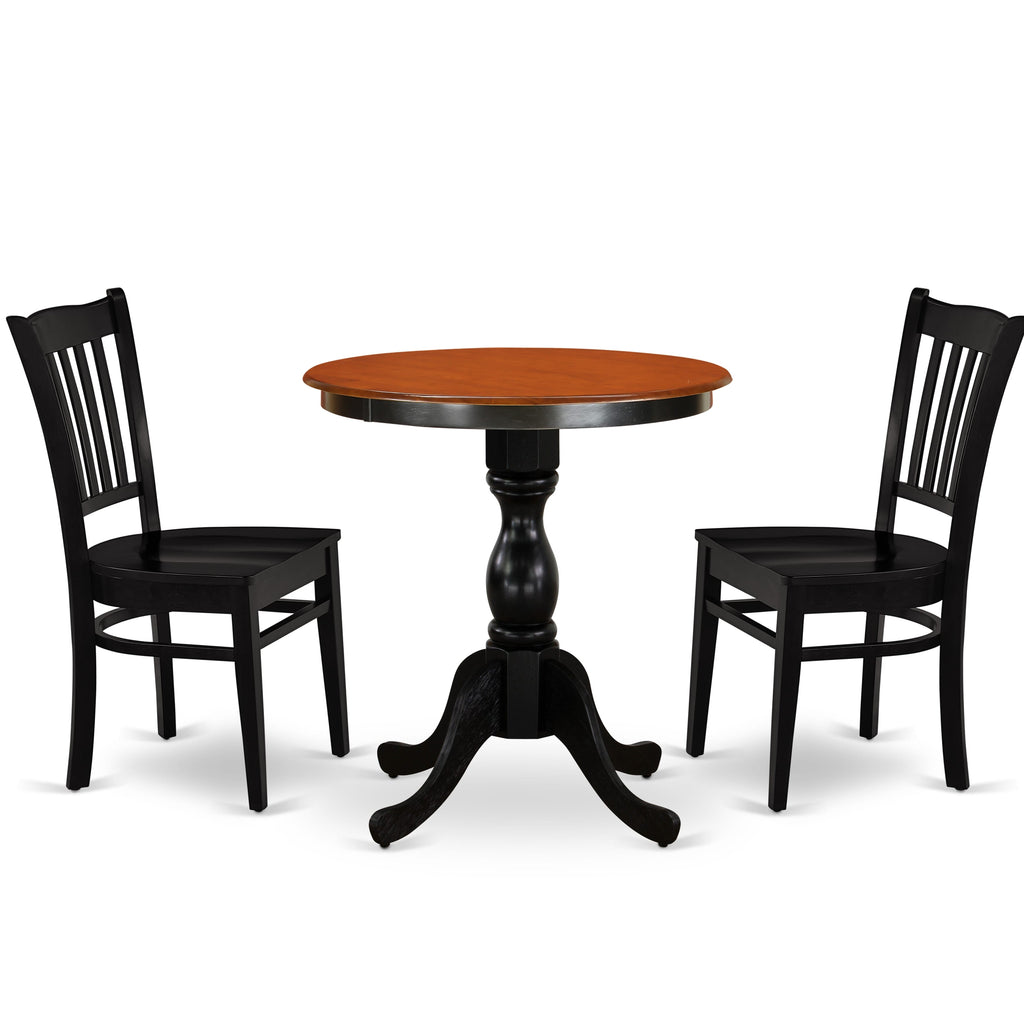 East West Furniture ESGR3-BCH-W 3 Piece Dining Room Furniture Set Contains a Round Dining Table with Pedestal and 2 Wood Seat Chairs, 30x30 Inch, Black & Cherry