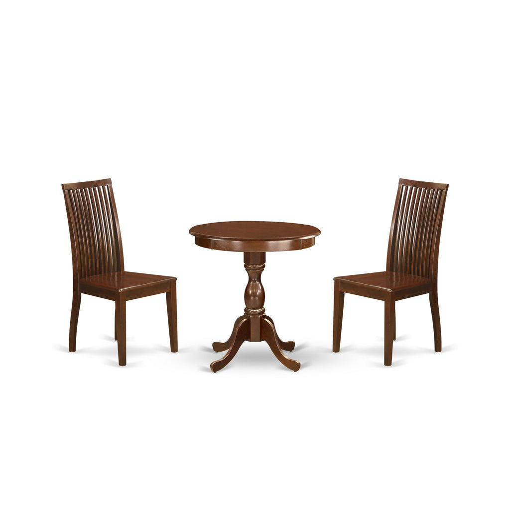 East West Furniture ESIP3-MAH-W 3 Piece Dining Table Set for Small Spaces Contains a Round Dining Room Table with Pedestal and 2 Wood Seat Chairs, 30x30 Inch, Mahogany
