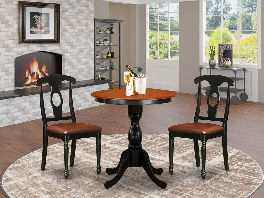 East West Furniture ESKE3-BCH-LC 3 Piece Kitchen Table & Chairs Set Contains a Round Dining Room Table with Pedestal and 2 Faux Leather Upholstered Chairs, 30x30 Inch, Black & Cherry