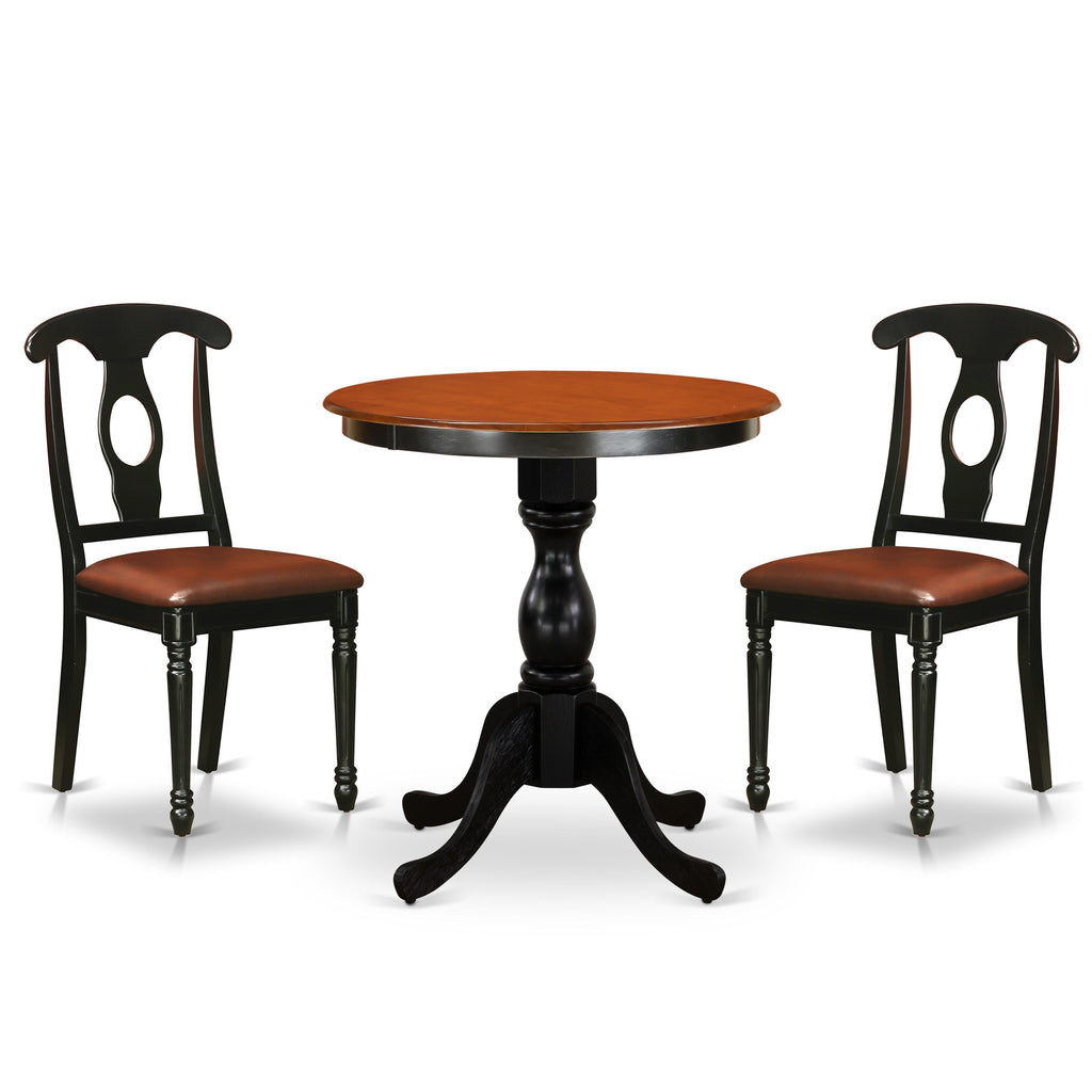 East West Furniture ESKE3-BCH-LC 3 Piece Kitchen Table & Chairs Set Contains a Round Dining Room Table with Pedestal and 2 Faux Leather Upholstered Chairs, 30x30 Inch, Black & Cherry