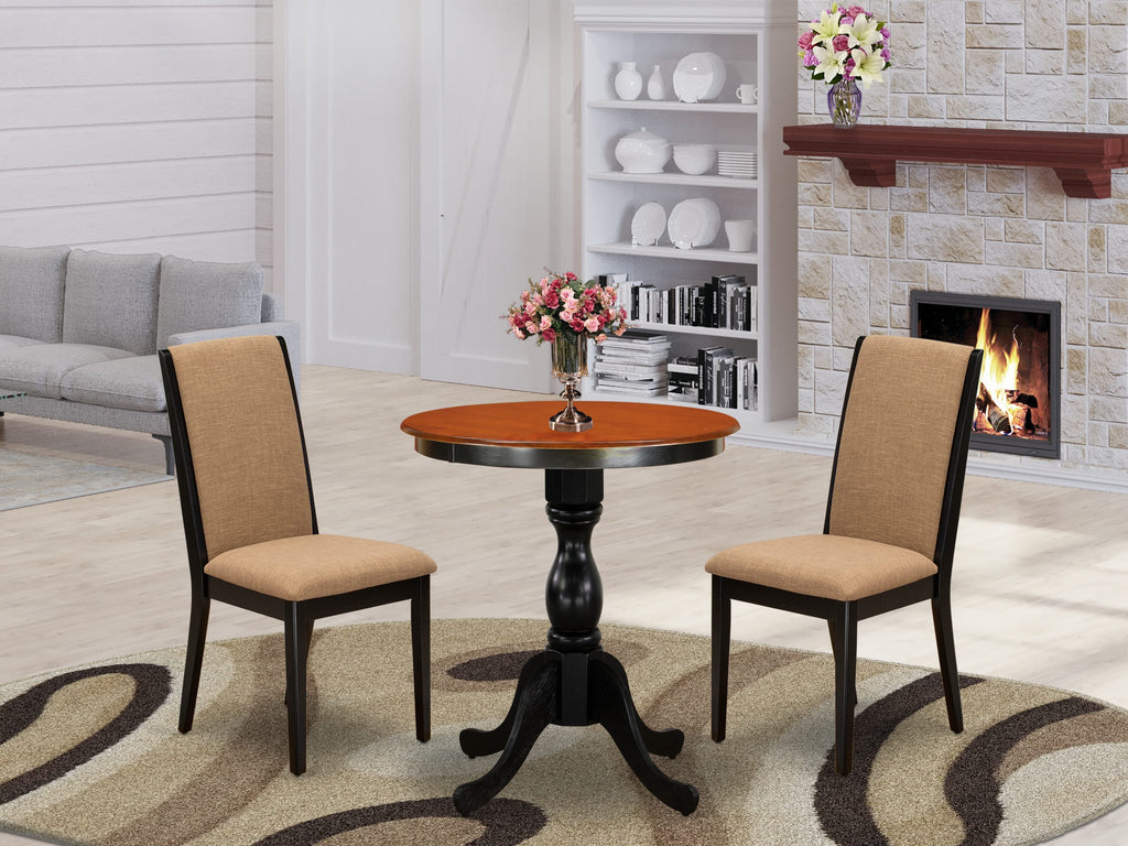 East West Furniture ESLA3-BCH-47 3 Piece Modern Dining Table Set Contains a Round Wooden Table with Pedestal and 2 Light Sable Linen Fabric Upholstered Chairs, 30x30 Inch, Black & Cherry