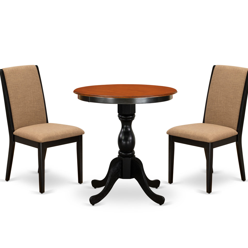 East West Furniture ESLA3-BCH-47 3 Piece Modern Dining Table Set Contains a Round Wooden Table with Pedestal and 2 Light Sable Linen Fabric Upholstered Chairs, 30x30 Inch, Black & Cherry