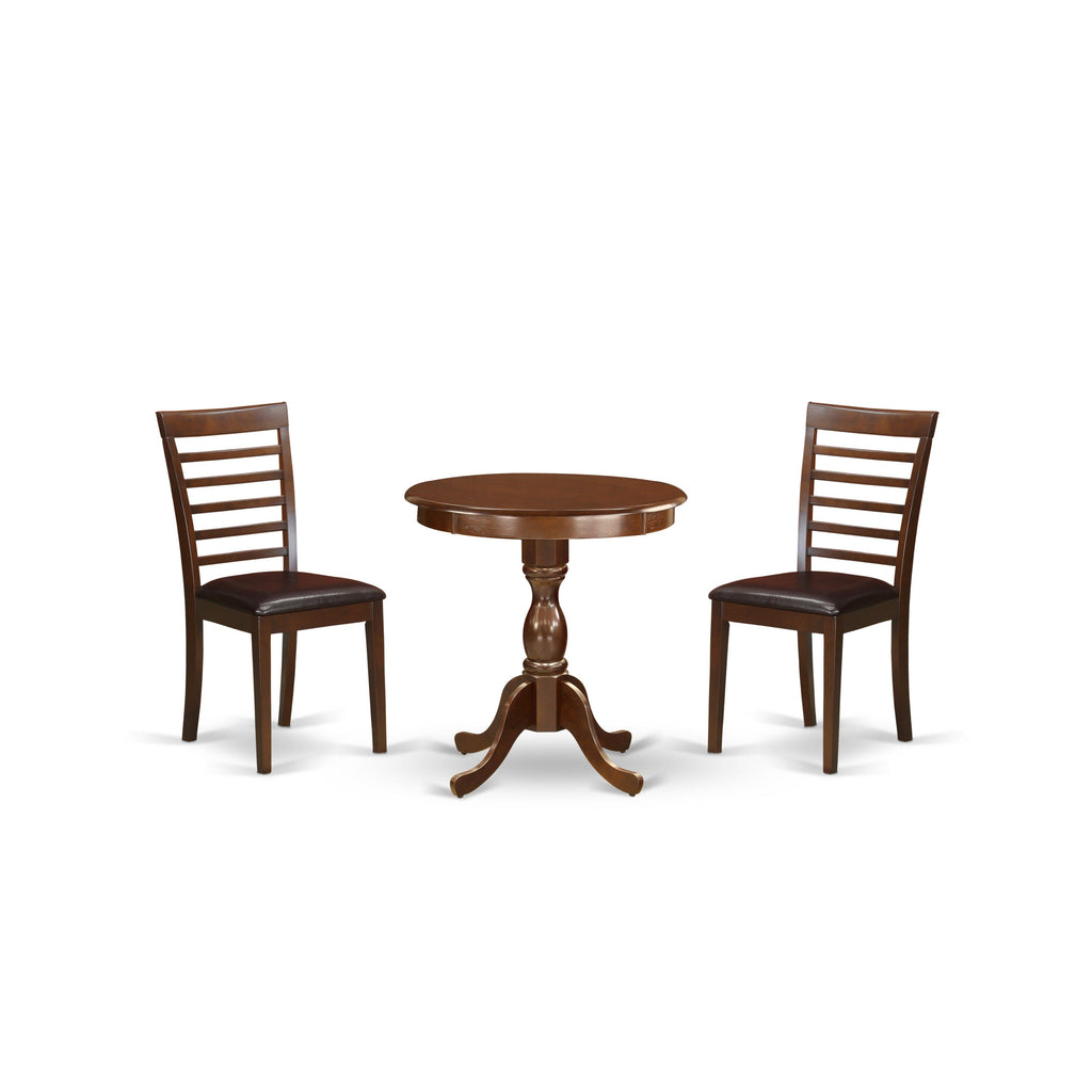 East West Furniture ESML3-MAH-LC 3 Piece Kitchen Table Set for Small Spaces Contains a Round Dining Room Table with Pedestal and 2 Faux Leather Upholstered Chairs, 30x30 Inch, Mahogany