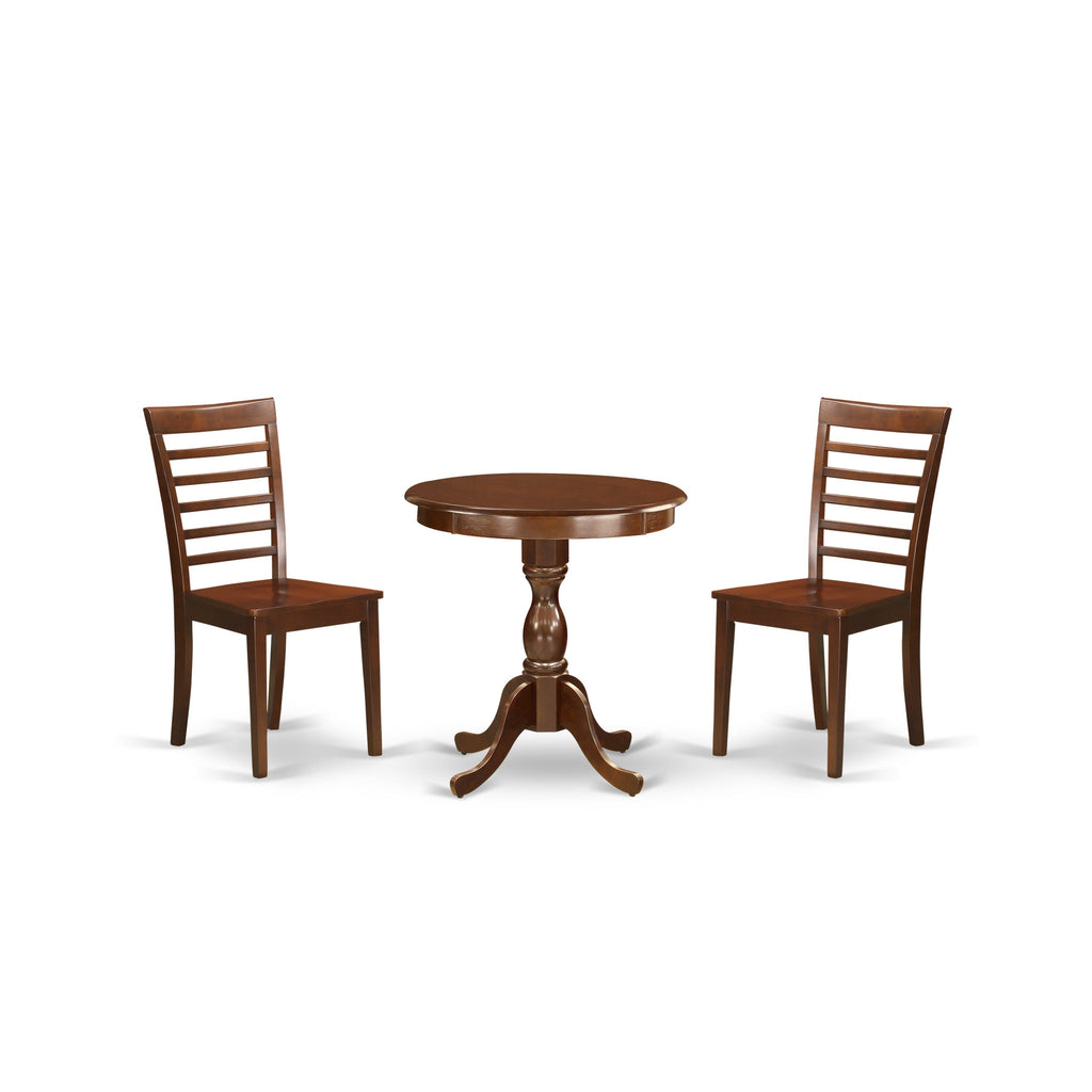 East West Furniture ESML3-MAH-W 3 Piece Dining Room Furniture Set Contains a Round Dining Table with Pedestal and 2 Wood Seat Chairs, 30x30 Inch, Mahogany