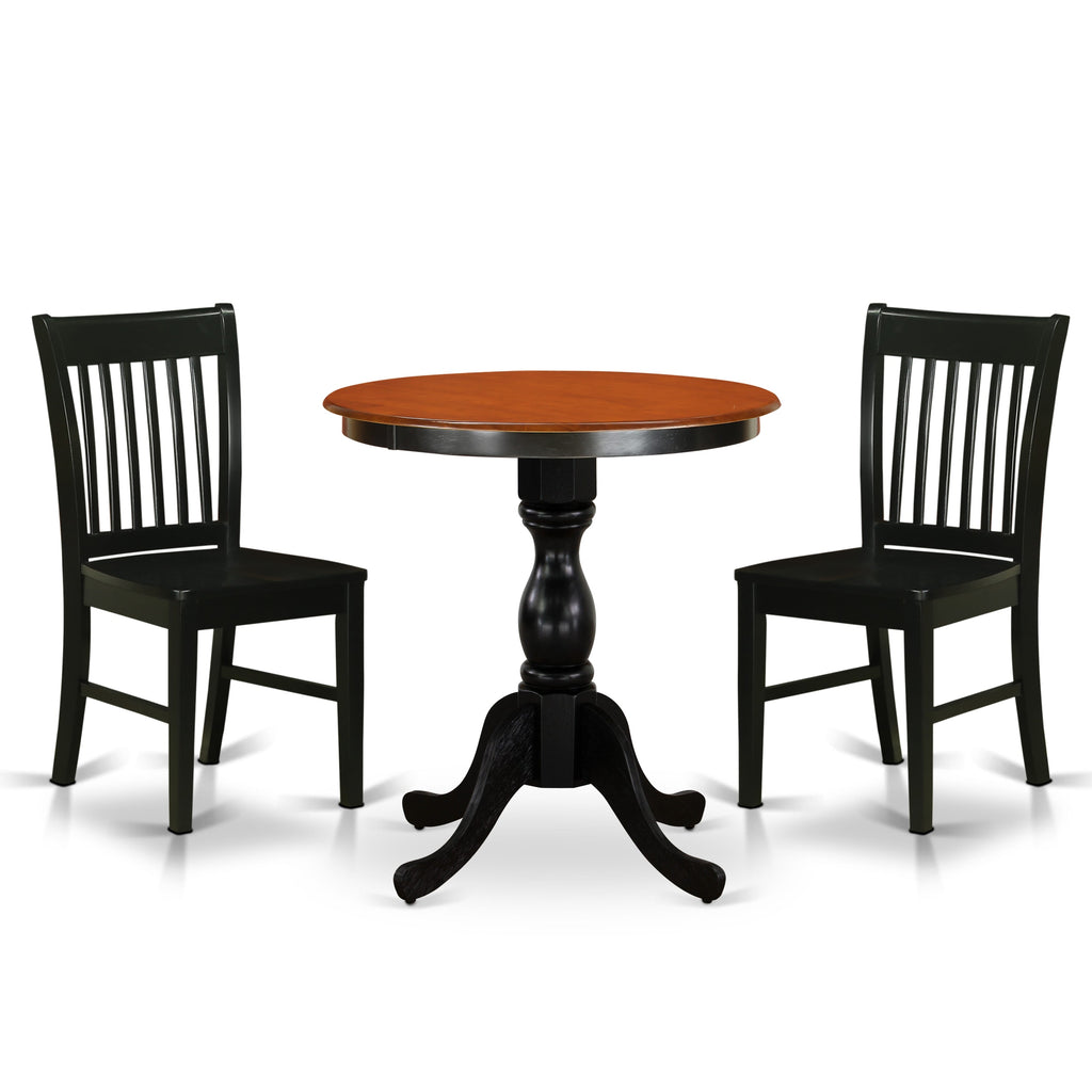 East West Furniture ESNF3-BCH-W 3 Piece Dining Room Table Set Contains a Round Dining Table with Pedestal and 2 Wood Seat Chairs, 30x30 Inch, Black & Cherry