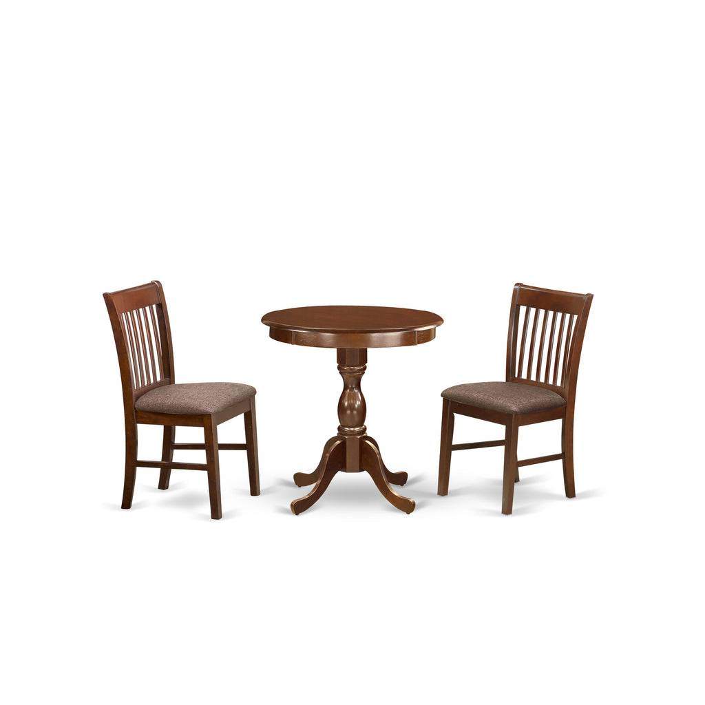 East West Furniture ESNF3-MAH-C 3 Piece Dinette Set for Small Spaces Contains a Round Dining Table with Pedestal and 2 Linen Fabric Dining Room Chairs, 30x30 Inch, Mahogany