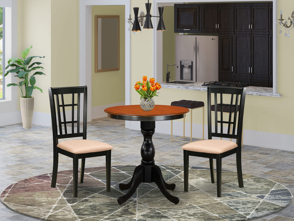 East West Furniture ESNI3-BCH-C 3 Piece Dining Room Table Set Contains a Round Dining Table with Pedestal and 2 Linen Fabric Upholstered Chairs, 30x30 Inch, Black & Cherry